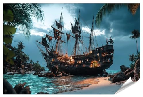 islandburner XXL Bild Poster Geheimnisvolles Piratenschiff bei Nacht in der Karibik für Wohnzimmer Abenteurer Reisebüro Premium Bilder Fotodruck