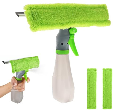 Rasqueta Limpiacristales 3en1, Kit de Limpieza de Ventanas con Rasqueta de Goma, Paño de Microfibra y Botella Rociadora para Ventana Vaso Coche Baño