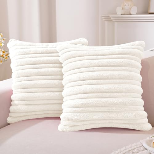 YSTELLAA Housse De Coussin Douce, Lot De 2, 45x45cm, Blanc | Carrée En Fausse Fourrure À Rayures, Cushion Covers Décoration Intérieure Pour Maison, Salon Et Chambre