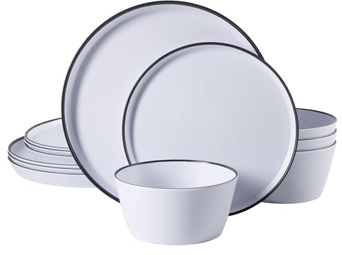 Gibson Home Folsom Shores 12 Piece Unbreakable Modern Melamine Plates and Bowls Dinnerware Set - Outdoor, Camping, & Everyday Use - White W/Black Rim