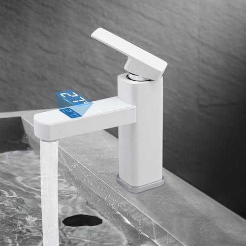 Grifos de lavabo G1/2 con 2 mangueras, grifo mezclador de lavabo con indicador digital LED de temperatura, grifo monomando para lavabo (blanco)