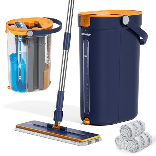HoMettler Mop and Bucket Set with Wringer, 3-Tank Flat Mop and Bucket System with Separate Dirty and Clean Water, Wall Mop Cleaner with Long Handle, Mops for Floor Cleaning with 4 Microfiber Pads