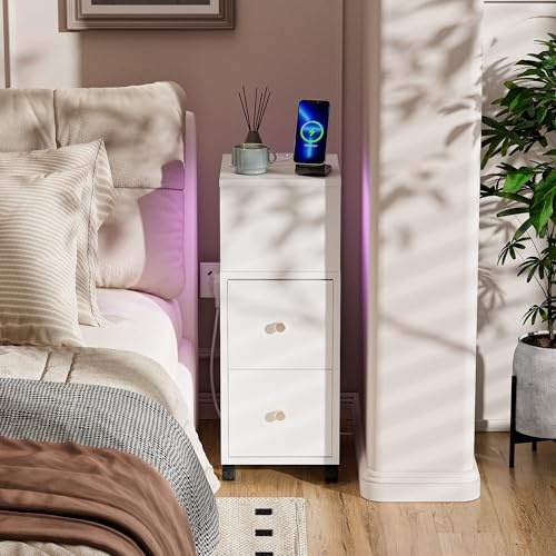 Ztexkee Nachttisch schmal Nachtschrank mit Steckdose und LED Lichtleiste Schmaler Beistelltisch mit Rollen Nachttisch mit 2 Schubladen und 1 Ablagefächer für Schlafzimmer, Wohnzimmer Weiß