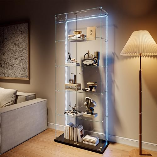 BPKADHY Glasvitrine Standvitrine mit LED,Modern Glas Vitrinenschrank für Sammlerstücke Bücher Wein,5 Glasböden & 2 Türen abschließbar,186x78x34 cm, Schwarz (Schwarz, 2 Tür 5 Lagen LED-Lichtleiste)
