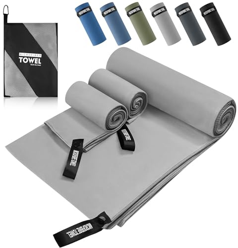 Mikrofaser Handtuch 3er Set, Mikrofaser Handtuch Groß 200x100cm & Mikrofaser Handtücher 2 Klein 80×40cm, Schnelltrocknend und Leicht, Ideal als Sporthandtuch, Strandtuch, Reisehandtuch (Hellgrau)