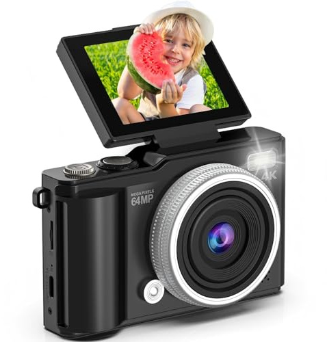 Digitalkamera 4K 64MP Autofokus Fotoapparat mit 32GB Karte 16X Digitalzoom Kompakte Kamera mit 2,4'' 180° Klappbildschirm Fotokamera für Teenager, Anfänger und Erwachsene