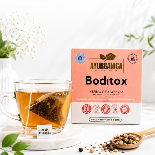 Ayurganica Boditox Herbal Tea with 9 Active Ingredients - 40 Counts – Detox Tea For Liver & Body Cleanse – Lemon Balm, Turmeric, Green Tea, Licorice & Lemongrass – Silk Pyramid Individual Tea Bags