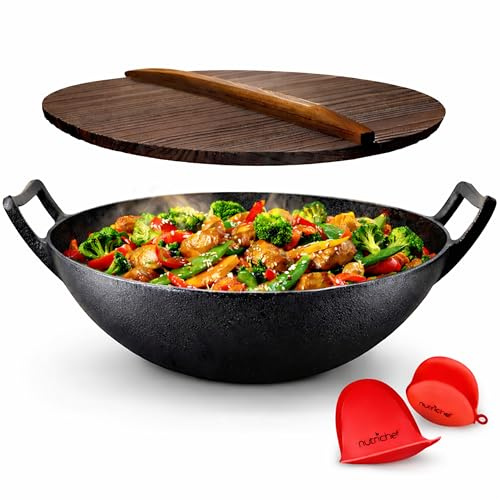 NutriChef Wokpfanne- Ø 30cm, Vorgewürztes- Wok Induktion- mit Holzdeckel | Gusseisenpfanne, Ideal zum Braten, Schmoren und Dünsten, Asiatische Küche, für alle Herdarten und ofen geeignet, PFOA -Frei