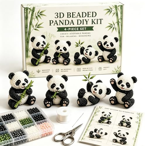 3D Perlenbär DIY Kit, Handgefertigtes Bären-Bastelset mit BrownBear PolarBear Panda BlackBear Winzigen 3D Perlen Tier DIY Kit für Erwachsene, Anfänger & Bastelliebhaber (Panda)