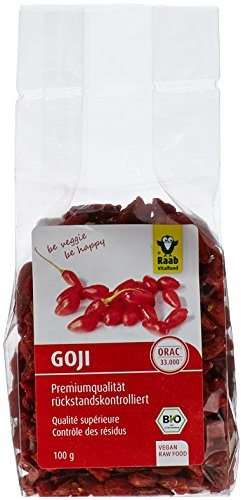 Raab Vitalfood Bio Goji-Beeren, Premium-Qualität, rückstandskontrolliert, laborgeprüft, ungeschwefelt, ohne Zusätze, vegan, reich an natürlichem Eisen Kalium Vitamin C, Wolfsbeere, 1er Pack (100 g)