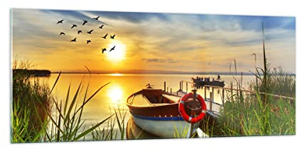 Panorama Bilder auf Glas 100x40cm Glasbild Boot See Sonnenuntergang Sommer Menschen Groß Wanddeko Schlafzimmer Küche Wandbilder Dekoration Wohnzimmer Modern Wand Kunstdruck Art GAB100x40-3053