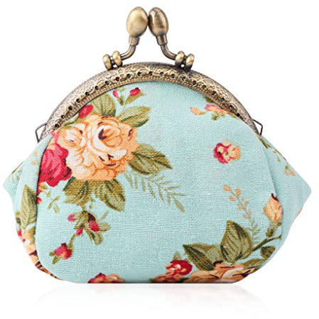 Oyachic Printed Coin Purse Vintage Pouch Buckle Clutch Bag Kiss-Lock Change Purse Floral Clasp Closure Wallets for Women Girl (Blue)