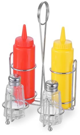 HENDI Menage Set, Zwei Glasstreuer (60 ml), 2 Quetschflaschen aus Polyethylen, Gewürzständer, Quetschflaschen: 0,2L, Edelstahl 18/0