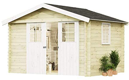 Alpholz Gartenhaus EVERE aus Fichten-Holz, Gerätehaus mit 19 mm Wandstärke, Garten Holzhaus inklusive Montagematerial, Metalldach, Geräteschuppen 330 x 270cm mit Satteldach