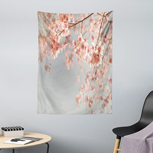 ABAKUHAUS Pfirsich Wandteppich, Landschaft Sakura Bäume aus Weiches Mikrofaser Stoff Waschbar ohne Verblassen Digitaldruck, 110 x 150 cm, Blau Grau