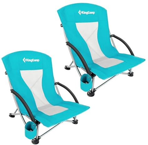 KingCamp Beach Chairs Low Folding Lightweight 59cm Wide Seat 2 Pack Cyan | Reinforced Stable Support 180 kg Breathable Backrest Portable Camping Chair with Carry Bag for Beach Picnic Festival Outdoor
