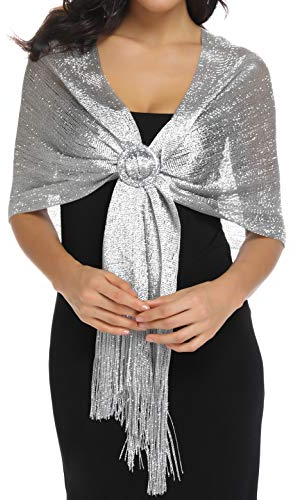Rheane Funkelnde metallische Schals und Wickeltücher mit Schnalle für Abendveranstaltungen, Partykleider, Hochzeitsfeiern, C. Dunkelgrau/Silber (mit silberfarbener Schnalle), 42