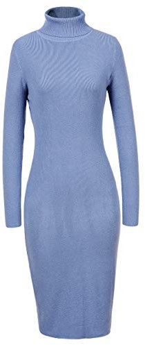 GLOSTORY Damen Langarm Winter Rollkragen Pulloverkleid Midi Knielang Sexy Slim Fitted Bodycon Kleider 7628 - Blau - M/L