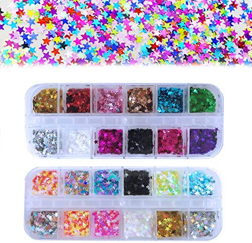 24 Kästen Holographische Nagel Pailletten, Kalolary Bunte Sterne Konfetti Paillette Polnischen Flakes Dekorationen Maniküre Tipps DIY Decals Dekoration für Gesicht Körper Augen