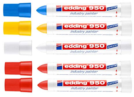 edding 4-950 - Rotulador especial 950 para pintura industrial (1 azul, 1 amarillo, 1 blanco, 2 rojos, 10 mm)