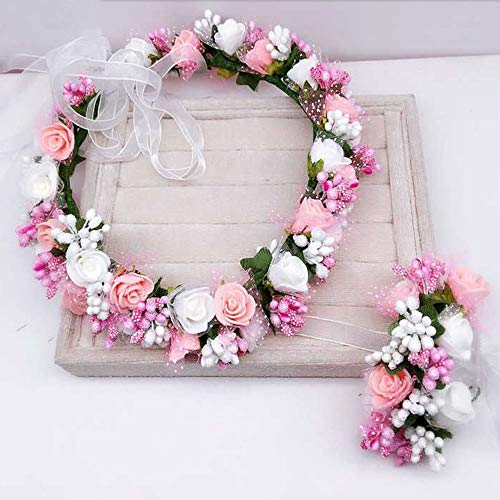 Blumenkranz Haare und Arm, Haarschmuck Hochzeit Blumenstirnband Blumenkrone mit Armband für Strand Hochzeit Braut Fotografie Party Muttertag (Rosa weiße Blumen)