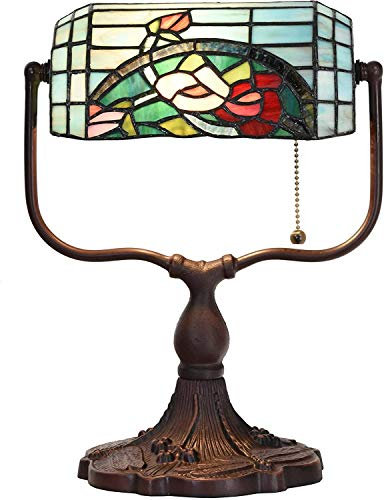 Bieye L30760 Rose Flower Tiffany Style Stained Glass Bankers Desk Lamp Table Lamp for Working Office Living Room Bedside Home Decoration, 9 W x 15 H, Red Green