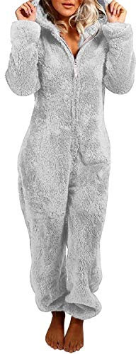 Petalum Combinaison Pyjama Femme Barboteuse Polaire Capuche Vêtement Nuit Adulte Costume Chaud Loungewear Douce Onesie Pajama Women Sleepwear Jumpsuit Pilou Pilou (Gris, Taille 44(2XL))