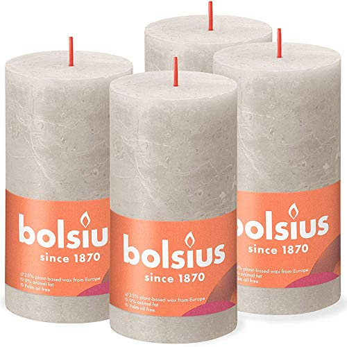 Bolsius Rustik Stumpenkerzen - Hellgrau - Set 4 Stück - Dekorative Haushaltkerzen - Länge Brenndauer 60 Stunden - Unparfümierte - Natürliches Pflanzenwachts - Ohne Palmöl - 13 x 7 cm