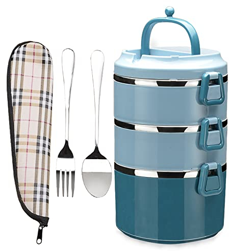 SANQIAHOME 3 Capas Fiambrera apilable,de 18/8 acero inoxidable, Caja de comedor sellada de varias capas,Azul