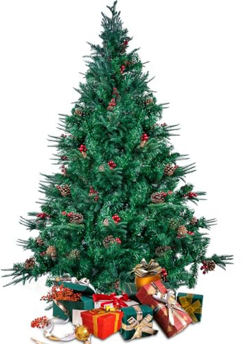 1.8m/6Ft Christmas Tree Green, Xmas Pine Tree Holiday Decoration with Metal Stand 688 Tips 58 Berries 58 Real Pine Cones (Mix Types Leaves PVC/PE Pine Tree Bud and Pine)