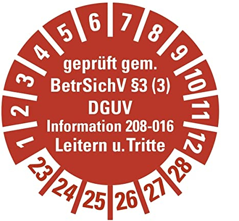 100 Stück - Prüfplakette Mehrjahresprüfplakette geprüft gemäß Leitern/Tritte, BetrSichV §3 | 23-28 Etikett Folie Aufkleber, rot | Ø15-40mm Made in Germany, Größe: Ø20 mm