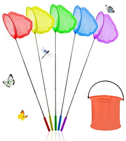 Abitoncc 6 Pack Fishing Nets for Kids and Foldable Bucket Set Colorful Telescopic Butterfly Net Extendable Fishing Nets for Beach (Form 37 to 85cm) Catching Insects Children Fishing Net for Ponds Pool