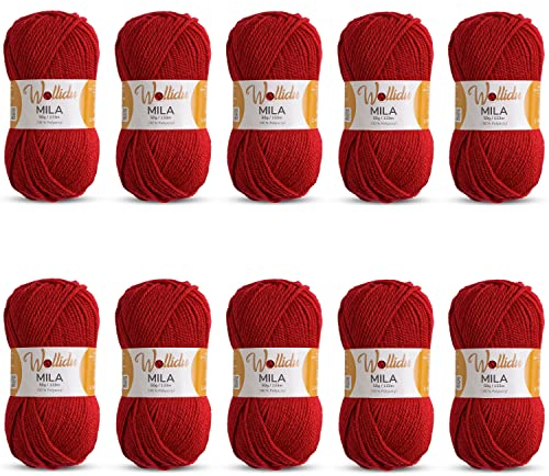 Wollidu Mila Garn zum Häkeln und Stricken 10 x 50g/133m Strickgarn 100% Polyacryl Häkelgarn Kirsche Rot