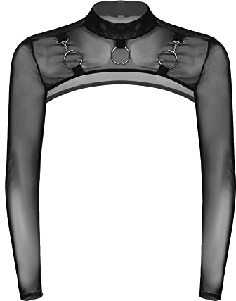 iEFiEL Herren T-Shirt Langarm Unterhemd Transparent Brust Harness Glänzend Muskelshirt Shrug Top Nachtclub Sommerhirts Schwarz Mesh XL