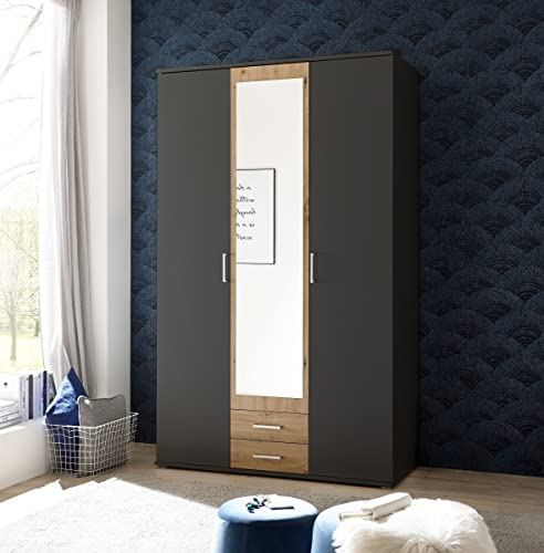 möbelando Kleiderschrank Hanau in Graphit/Artisan Eiche mit 2 Schubladen und 3 Türen. Abmessungen (BxHxT) 120x196x54 cm