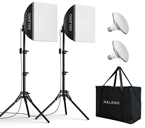RALENO Softbox 2 x 50W LED Softbox Set per Studio Fotografico, 2 x 40x40 cm, Luce Fotografica con Lampadina da 5500K e Treppiedi, Lampada Fotografica per Ritratti Modello: PS080
