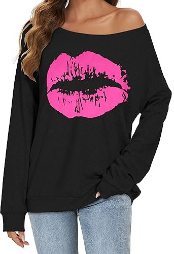Gosunny Haut à épaules dénudées pour femme Pull à manches longues Sweatshirt décontracté décontracté Chemisier élégant, 02 noir et rose, S
