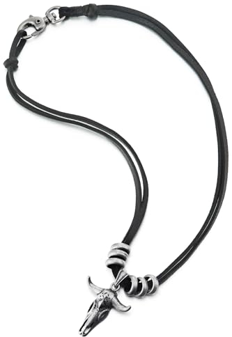 COOLSTEELANDBEYOND Vintage Stier Kopf Kreise Charme Anhänger Halskette für Herren, mit Verstellbaren Lederband