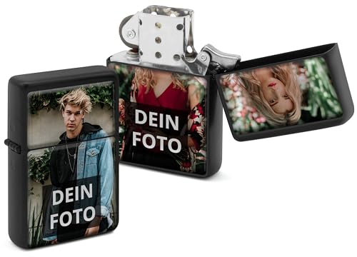 PhotoFancy® - Personalisiertes Sturmfeuerzeug mit eigenem Foto - Feuerzeug mit Foto Bedrucken - Benzinfeuerzeug als Fotogeschenk gestalten - Beidseitig Bedruckt - Farbe: Schwarz