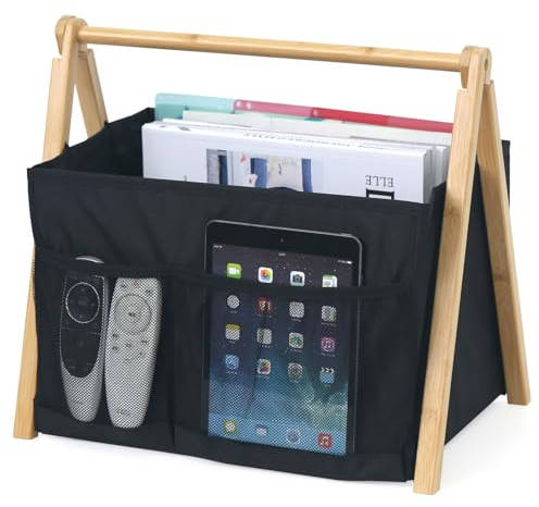 Neateam Zeitungsständer Modern Zeitungshalter, Faltbarer Zeitschriftenständer mit Bambusgriff, Zeitschriftensammler Zeitungskorb für Büro Zuhause und Wohnzimmer-Schwarz