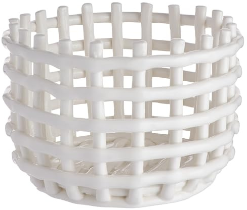 BUTLERS Flechtkorb Steinzeug - CRAFT - Ordnungssystem | Farbe Weiß - ø16 x H12 cm - Regalkorb für Badezimmer & Flur - Flechtkorb für Bad-Accessoires & Kosmetik