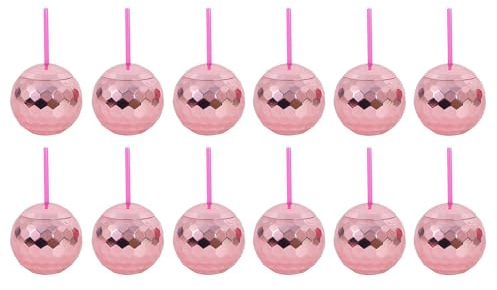 YöL Pack of 12 Pink Disco Ball Tumbler Cup Straw Reflective Shiny Summer Party Picnic BBQ