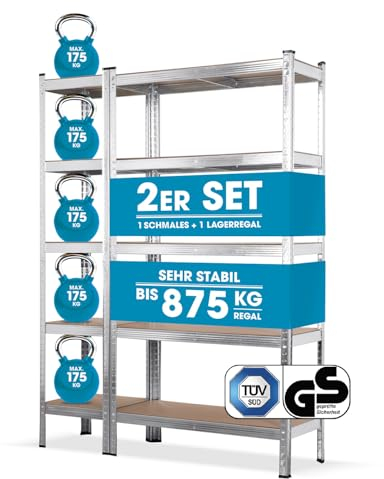 EASYmaxx Schwerlastregal 2er-Set | 875 kg Traglast, 175 kg pro Ebene | Regal und Werkbank | Kellerregal, Lagerregal mit 5 verstellbaren Ablagen | Für Keller, Garage, Hobbyraum, Werkstatt