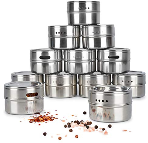 Oak & Steel - Magnetische Gewürzdosen aus Edelstahl (100ml, Silber) - Gewürzbehälter mit Deckel - 2-in-1 Gewürzstreuer zur Aufbewahrung mit magnetischer Dosierhilfe (36)
