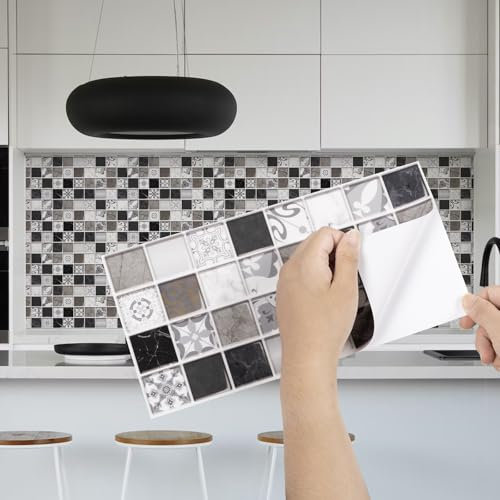 Fantasnight White Tile Stickers 30x15cm 12Pcs, Mosaic Stick On Tiles for Bathroom, Grey Self Adhesive Wall Tiles Waterproof Backsplash, for Kitchen Living Room