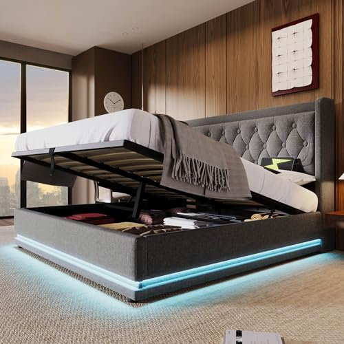Ymkua Polsterbett Doppelbett 180x200 cm, Bett mit Stauraum und Lattenrost, Jugendbett Stauraumbett mit LED-Funktion, Hydraulisch Bettgestell mit USB Typ-C Ladefunktion Kopfteil, Grau, Ohne Matratze