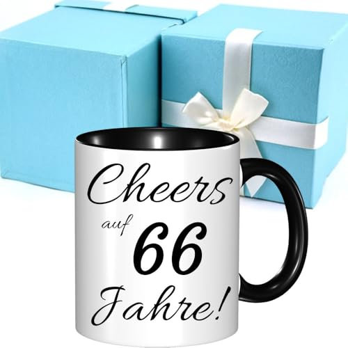 Cheers auf 66 Jahre Kaffeebecher/Tasse aus Porzellan, Happy Birthday Tasse Fassungsvermögen 330 ml, Spülmaschinengeeignet