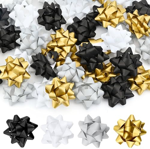 Satiskid 48 Stück Geschenkschleifen, 4 Farben Selbstklebende Geschenkschleifen für Weihnachten Hochzeit und Geburtstag Geschenke, 5cm Mini Metallic dekorative Schleifen für Geschenkverpackungen