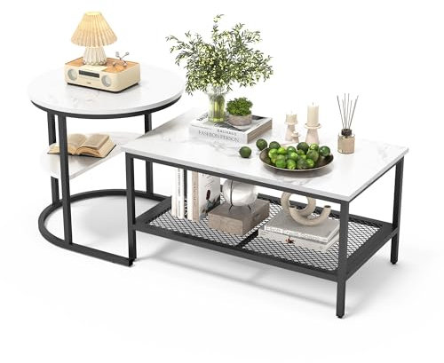 Ravas 2in1 Couchtisch Rund 2er Set,Kunstmarmor Couchtisch mit Schwarz Metallgestell, Beistelltisch Rund, Wohnzimmertisch Modern, Satztische fürs Wohnzimmer Schlafzimmer