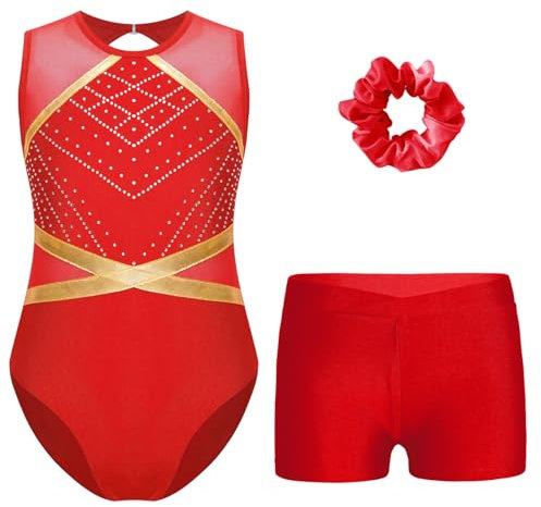 Miutii 3Pcs Mädchen Turnanzug Glitzer Gymnastikanzug mit Shorts Haarband Ärmellos Ballettanzug Ballett Trikot Leotard Wettbewerb Gymnastik Kleidung A Rot 146-152